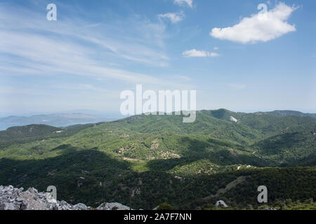 Blick vom Mount Olympos, Lebos, Griechenland. Stockfoto