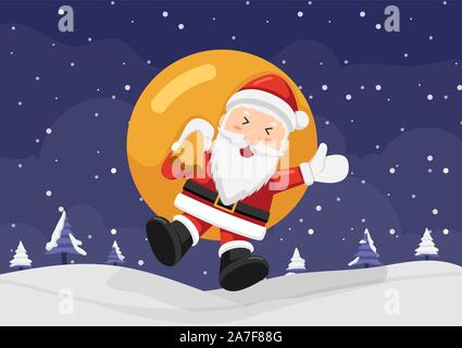 Santa Claus mit Sack und das Springen auf dem Schnee. Weihnachten Hintergrund Konzept. Stock Vektor