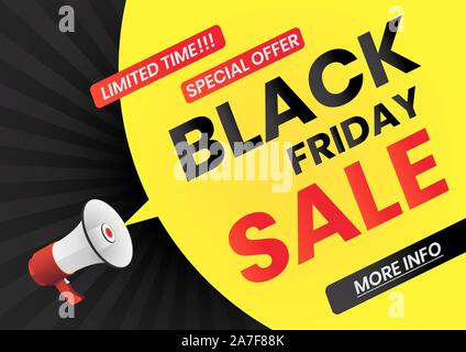 Megafon mit schwarzer Freitag Verkauf Nachricht an der gelben Sprechblase. Schwarzer Freitag Web Banner Poster. Stock Vektor