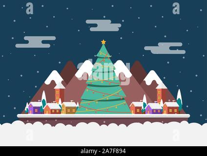 Winter Nacht Landschaft in einem kleinen Dorf mit einem großen Weihnachtsbaum. Frohe Weihnachten und guten Rutsch ins neue Jahr. Stock Vektor