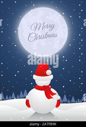 Schneemann allein in der Nacht mit großen Mond. Frohe Weihnachten und guten Rutsch ins Neue Jahr Konzept Hintergrund. Stock Vektor