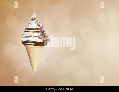 Sehr detaillierte leckeres Eis Schokolade und Vanille in einer Waffel Kegel abstrakten farbigen Hintergrund. Bokeh blasen. 3D-Darstellung Stockfoto