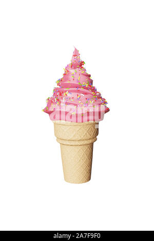Sehr detaillierte köstliche Erdbeere Eis in der Waffel Schale auf einem weißen Hintergrund. 3D-Darstellung Stockfoto