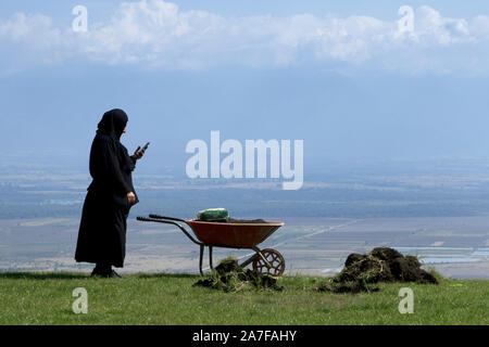 Georgien, 2019: alte Nonne bei der Gartenarbeit erreicht für Mobiltelefon - bodbe Monastery Stockfoto