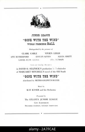 Titel Ankündigung der Ball mit den prominenten Gästen, die von der Innenseite des Programms für die Junior League gegangen mit dem Wind Weltpremiere Ball in Atlanta, Georgia Donnerstag, 14. Dezember 1939 mit Clark Gable und Vivien Leigh in Anwesenheit Stockfoto