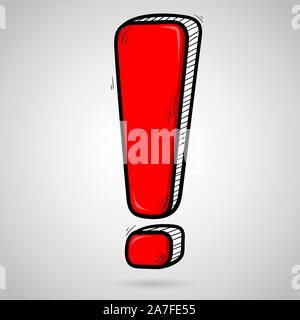 Rotes Ausrufezeichen. Hand gezeichnet Doodle auf grauem Hintergrund Stock Vektor