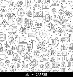 Bitcoin nahtlose Muster. Vector Illustration der Umrisse Fliese Hintergrund. Cryptocurrency finanzieller Posten. Stock Vektor