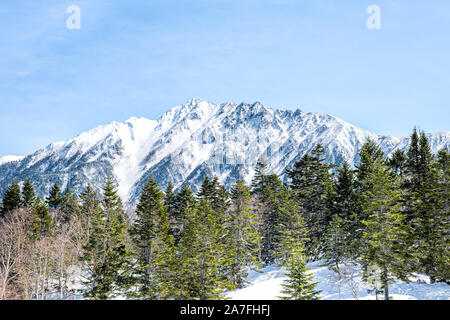 Takayama, Japan hohe Betrachtungswinkel mit Peak und Bäume im Schnee in Shinhotaka Seilbahn in Gifu Präfektur Mountain Park Frühling Stockfoto