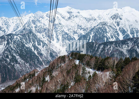 Takayama, Japan Berg Schnee mit hohen Winkel Blick auf Shinhotaka Seilbahn Gondel Blick in Gifu Präfektur park mit blauem Himmel und Peak Stockfoto