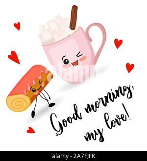 Guten Morgen, meine Liebe. Karte zum Valentinstag niedlich. Leckeres Frühstück.. Stock Vektor