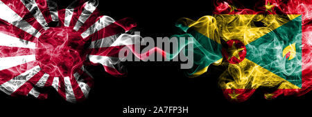 Japan Rising Sun Marine vs Grenada smoky mystic Staaten Flaggen nebeneinander gestellt. Dicke farbige seidig Reisen abstract raucht Banner Stockfoto