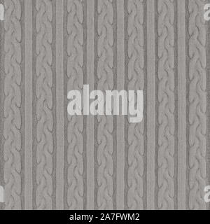 Strickwaren Stoff Textur mit Zöpfen und Streifen. Wiederholung der Maschine Stricken Textur der Pullover. Grau gestrickt Hintergrund. Stockfoto