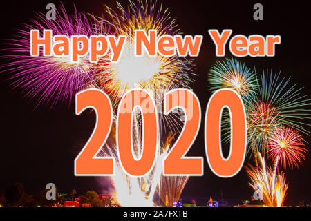 Frohes Neues Jahr 2020 mit Fireworks Festival Hintergrund disign Illustration für Hintergrundbild Stockfoto