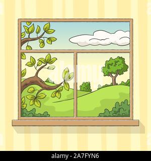 Fenster in der Mauer mit Blick auf den Sommer Landschaft. Hand Vector Illustration mit separaten Ebenen gezeichnet. Stock Vektor