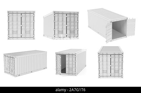 Liefer- Containern. Weiß intermodalen Container gesetzt. 3D Rendering Illustration auf weißem Hintergrund Stockfoto