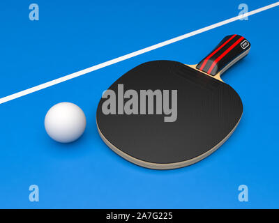Schwarz Tischtennis Schläger mit Ball. Auf blauem Hintergrund. 3D Rendering illustration Stockfoto