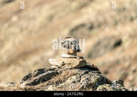 Schöne Nahaufnahme eines kleinen Cairn hoch oben auf einem Berggipfel am Timmelsjoch mit einem verschwommenen bokeh Hintergrund Stockfoto