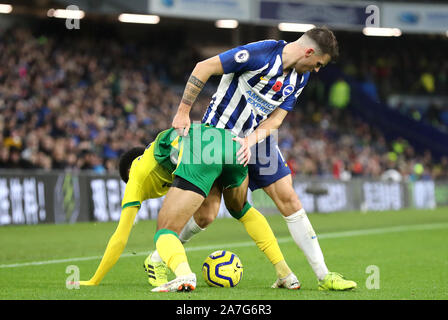 Brighton und Hove Albion Pascal Gross (links) und Norwich City Jamal Lewis Kampf um den Ball während der Premiership Gleiches an der AMEX Stadion, Brighton. Stockfoto