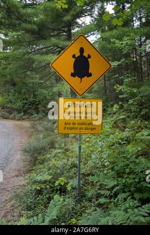 Warnschild auf dem Weg, Schildkröten, Kejimkujik National Park, Nova Scotia, Kanada Stockfoto