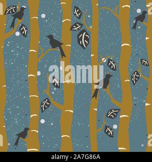Nahtlose Baum Muster mit großen Vögel und Blätter. Vector Illustration. Stock Vektor