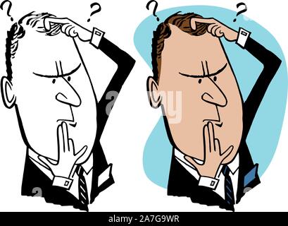Eine Karikatur von einem Geschäftsmann mit einem verwirrt und ratlos. Stock Vektor