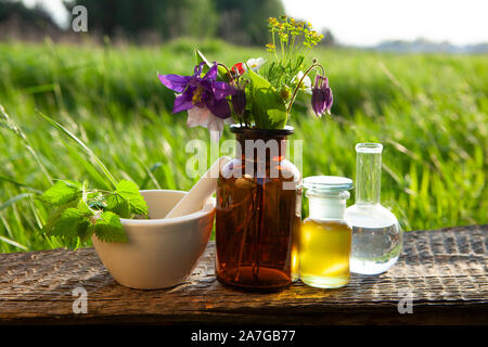 Natürliche Medizin - brennnessel in einem Mörser auf einer Wiese. Flaschen mit pflanzlichen Extrakten auf Holz. Stockfoto