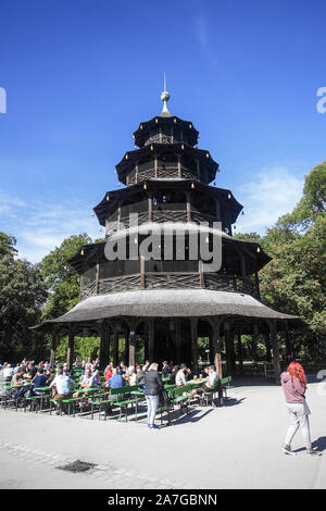 Hier ist der Bereich, in den Englischen Garten, dem Chinesischen Turm und Biergarten in München. An einem schönen Herbsttag erfasst Stockfoto