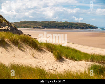 Auf Whiteford Sands suchen in Richtung Südwesten Broughton Bay. Marram Gras in den Dünen. AONB. Llanmadoc, North Gower, Wales, UK. Stockfoto