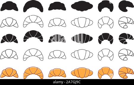 Vektor Zeichnung von schwarzen und weißen, farbigen und dünne Linie croissant Symbole. französisch essen Frühstück Gebäck Symbol. croissant Bäckerei Design. Satz frischer c Stock Vektor