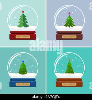 Vektor einrichten von transparenten Schneekugeln. Mit Weihnachtsbaum und Schnee innen. Glas snowdome mit frohe Weihnachten Text. Winter Weihnachten Hintergrund decoratio Stock Vektor