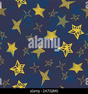 Vektor nahtlose star Hintergrund. Gelbe und Blaue winter Abbildung. Abstrakte nahtlose Muster mit Sternen von verschiedenen Formen, Schneeflocken und Punkte Stock Vektor