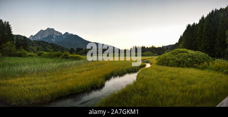 Panorama der Zelenci Naturpark in der Nähe von Kranjska Gora, Slowenien. Sumpf mit See in einem Tal an der Grenze des Nationalparks Triglav, julischen Alpen. Stockfoto