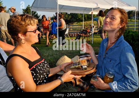 Verschiedene Arten von Essen, einschließlich Produkte, frei in der Gemeinschaft essen Swap im Hinterhof eines Teilnehmers Hause, Wisconsin, USA ausgetauscht Stockfoto