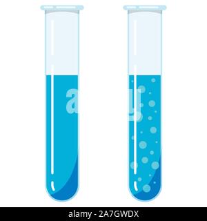Glas Reagenzgläser Symbol mit blauen flüssigen Reagenzien mit und ohne Blasen auf weißem Hintergrund. Stock Vektor