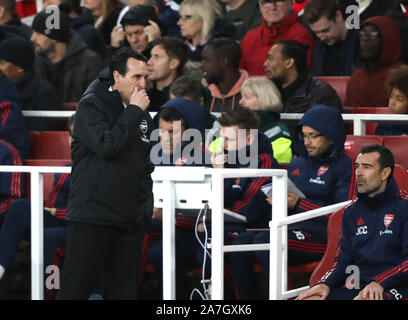 London, Großbritannien. 02 Nov, 2019. Unai Emery (Arsenal manager) im Arsenal v Wolverhampton Wanderers Premier League Spiel im Emirates Stadium, UK am 2. November 2019. ** Nur die redaktionelle Nutzung, eine Lizenz für die gewerbliche Nutzung erforderlich. Keine Verwendung in Wetten, Spiele oder einer einzelnen Verein/Liga/player Publikationen ** Quelle: Paul Marriott/Alamy leben Nachrichten Stockfoto