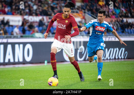 Chris Smalling der AS Roma in Aktion während der italienischen Serie A Fußballspiel zwischen AS Roma und SSC Napoli im Olympiastadion in Rom gesehen. (Endstand; AS Roma 2:1 SSC Neapel) Stockfoto