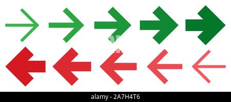 Der Vektor Pfeile. Pfeilsymbol. Isolierte Pfeilen in verschiedenen Dicken. Nach links und rechts. Stock Vektor