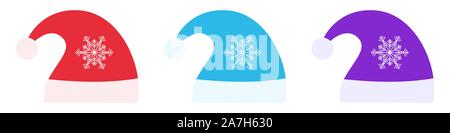 Satz von Vektor Santa Claus Hüte. Weihnachten hat Symbole isoliert. Flache hut Symbol. Stock Vektor