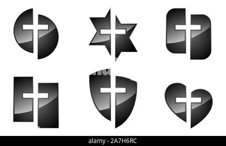 Satz von Schwarz glänzend christliche Symbole isoliert. Vector Illustration. Verschiedene Formen von Symbolen mit dem christlichen Kreuz Symbol. Stock Vektor