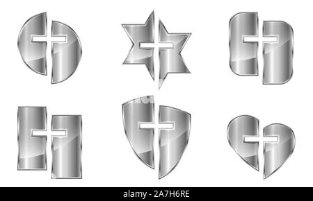 Set aus Metall christliche Symbole isoliert. Vector Illustration. Verschiedene Formen von Silber Symbole mit dem christlichen Kreuz Symbol. Stock Vektor