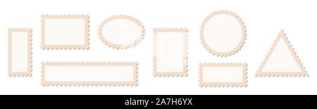 Satz von Papier Briefmarken isoliert. Vector Illustration. Leer Briefmarken in verschiedenen Formen Stock Vektor