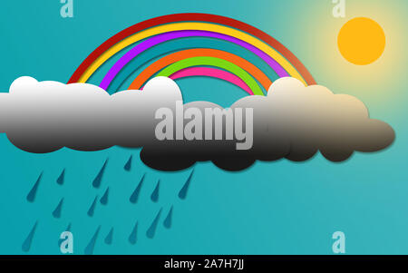 Farbe Rainbow auf einem blauen bewölkten Himmel, 3D-Rendering Stockfoto