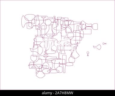 Länder Winzer - stilisierte Karten von Silhouetten von Wein Flaschen, Gläser und Dekanter. Karte von Spanien. Stock Vektor