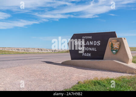 Wand-, SD-September 24, 2019: Badlands National Park Eingang Schild am Pinnacles Eingang Stockfoto