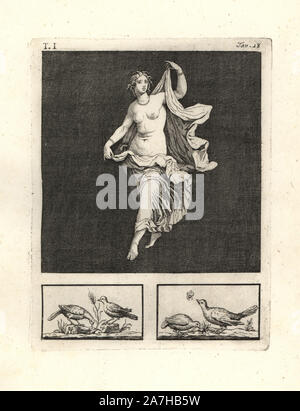 Die Malerei von Wand von einem Raum entfernt, vielleicht ein TRICLINIUM oder im Speisesaal, in einem Haus in Pompeji im Jahre 1749. Es zeigt Venus, oder eine junge Tänzerin oder bacchant, Ihr, anmutig Tanzen bei einem Bankett der Götter. Kupferstich von Tommaso Piroli aus seiner eigenen'Antichita di Ercolano" (altertümer von Herculaneum), Rom, 1789 eingraviert. Italienischen Maler und Kupferstecher Piroli (1752-1824) veröffentlicht sechs Bände zwischen 1789 und 1807 dokumentieren die Wandmalereien und Bronzen in Heraculaneum und Pompeji gefunden. Stockfoto