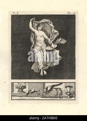 Die Malerei von Wand von einem Raum entfernt, vielleicht ein TRICLINIUM oder im Speisesaal, in einem Haus in Pompeji im Jahre 1749. Es zeigt Venus, oder Tänzer oder bacchant, Ihr, Tanzen anmutig mit einer Festplatte von Gold und Blau durchscheinenden Schleier. Kupferstich von Tommaso Piroli aus seiner eigenen'Antichita di Ercolano" (altertümer von Herculaneum), Rom, 1789 eingraviert. Italienischen Maler und Kupferstecher Piroli (1752-1824) veröffentlicht sechs Bände zwischen 1789 und 1807 dokumentieren die Wandmalereien und Bronzen in Heraculaneum und Pompeji gefunden. Stockfoto