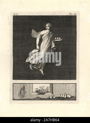 Die Malerei von Wand von einem Raum entfernt, vielleicht ein TRICLINIUM oder im Speisesaal, in einem Haus in Pompeji im Jahre 1749. Es zeigt eine Naiad, ein Anhänger des Bacchus, eine Vase und eine runde Platte mit drei Feigen. Sie trägt Schilf in ihr Haar, Gold Armband und eine feine Robe in Violett, die Farbe der Violarii. Kupferstich von Tommaso Piroli aus seiner eigenen'Antichita di Ercolano" (altertümer von Herculaneum), Rom, 1789 eingraviert. Italienischen Maler und Kupferstecher Piroli (1752-1824) veröffentlicht sechs Bände zwischen 1789 und 1807 dokumentieren die Wandmalereien und Bronzen in Heraculaneum und Pompeji gefunden. Stockfoto