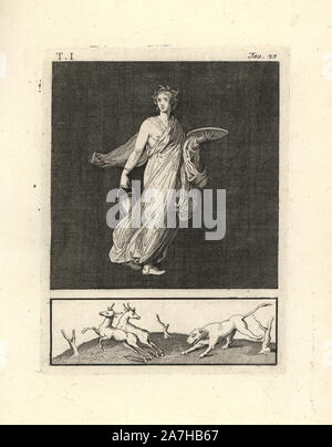 Die Malerei von Wand von einem Raum entfernt, vielleicht ein TRICLINIUM oder im Speisesaal, in einem Haus in Pompeji im Jahre 1749. Es zeigt eine Cernophores Tänzerin mit Korb und Platte, eine Krone von Weizen und eine feine weiße Robe mit Sandalen. Die Cernophores religiöse Tänze in Festivals Vergnügen gewidmet imitiert. Kupferstich von Tommaso Piroli aus seiner eigenen'Antichita di Ercolano" (altertümer von Herculaneum), Rom, 1789 eingraviert. Italienischen Maler und Kupferstecher Piroli (1752-1824) veröffentlicht sechs Bände zwischen 1789 und 1807 dokumentieren die Wandmalereien und Bronzen in Heraculaneum und Pompeji gefunden. Stockfoto
