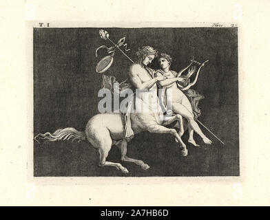 Die Malerei von Wand von einem Raum entfernt, vielleicht ein TRICLINIUM oder im Speisesaal, in einem Haus in Pompeji im Jahre 1749. Centaur mit einem Jugend- und lehre ihn die Leier zu spielen, wie Chiron Achilles gelehrt. Der Junge hält einen thyrsus mit einem Band und einem gold Tympanon drum eingerichtet. Kupferstich von Tommaso Piroli aus seiner eigenen'Antichita di Ercolano" (altertümer von Herculaneum), Rom, 1789 eingraviert. Italienischen Maler und Kupferstecher Piroli (1752-1824) veröffentlicht sechs Bände zwischen 1789 und 1807 dokumentieren die Wandmalereien und Bronzen in Heraculaneum und Pompeji gefunden. Stockfoto