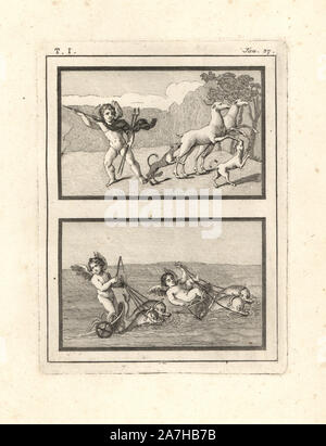 Vignetten von amoretten oder genii spielen bei der Jagd und Racing. Oben, eine dynamische Darstellung der Genius der Jagd mit Speeren, Hunde und Hirsche. Unten, zwei genien Rennen Wagen von Delfinen im Meer gezogen scheint - Schlafen wie die berühmten fährmann des Aeneas. Kupferstich von Tommaso Piroli aus seiner eigenen'Antichita di Ercolano" (altertümer von Herculaneum), Rom, 1789 eingraviert. Italienischen Maler und Kupferstecher Piroli (1752-1824) veröffentlicht sechs Bände zwischen 1789 und 1807 dokumentieren die Wandmalereien und Bronzen in Heraculaneum und Pompeji gefunden. Stockfoto